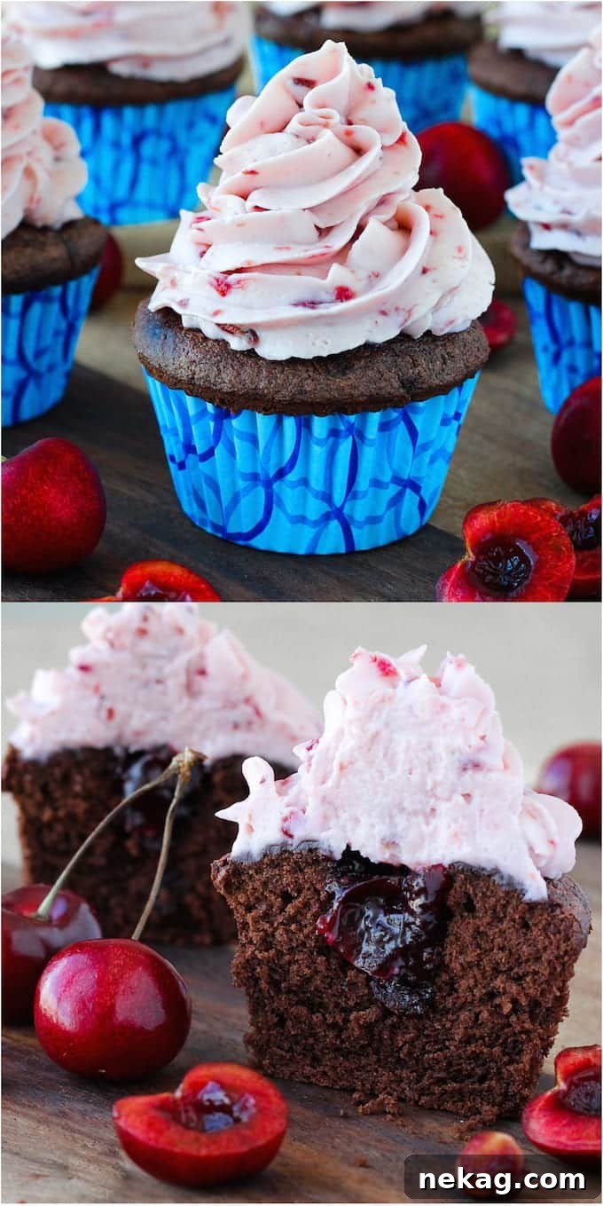 Velvet Chocolate Cherry Mascarpone Cloud Cupcakes 9 Overhead shot of Double Chocolate Cupcakes with a generous swirl of Cherry Mascarpone Frosting.