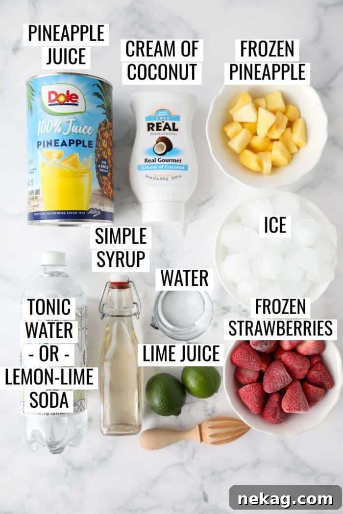 Vibrant Virgin Miami Vice Refresher 4 Labeled ingredients for Virgin Miami Vice Drink Recipe: pineapple juice, cream of coconut, frozen pineapple, ice, tonic water, simple syrup, lime juice, frozen strawberries, water.