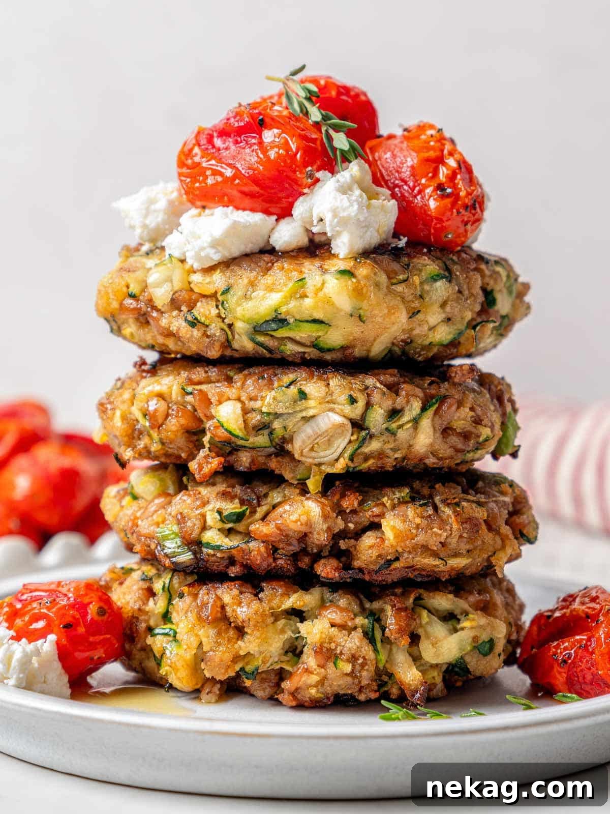 Stack of 4 golden zucchini fritters with crumbled goat cheese and slow-roasted tomatoes.