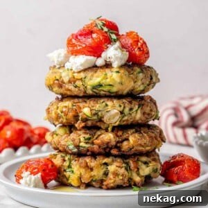 Stack of 4 zucchini fritters with cheese and tomatoes on a white plate.
