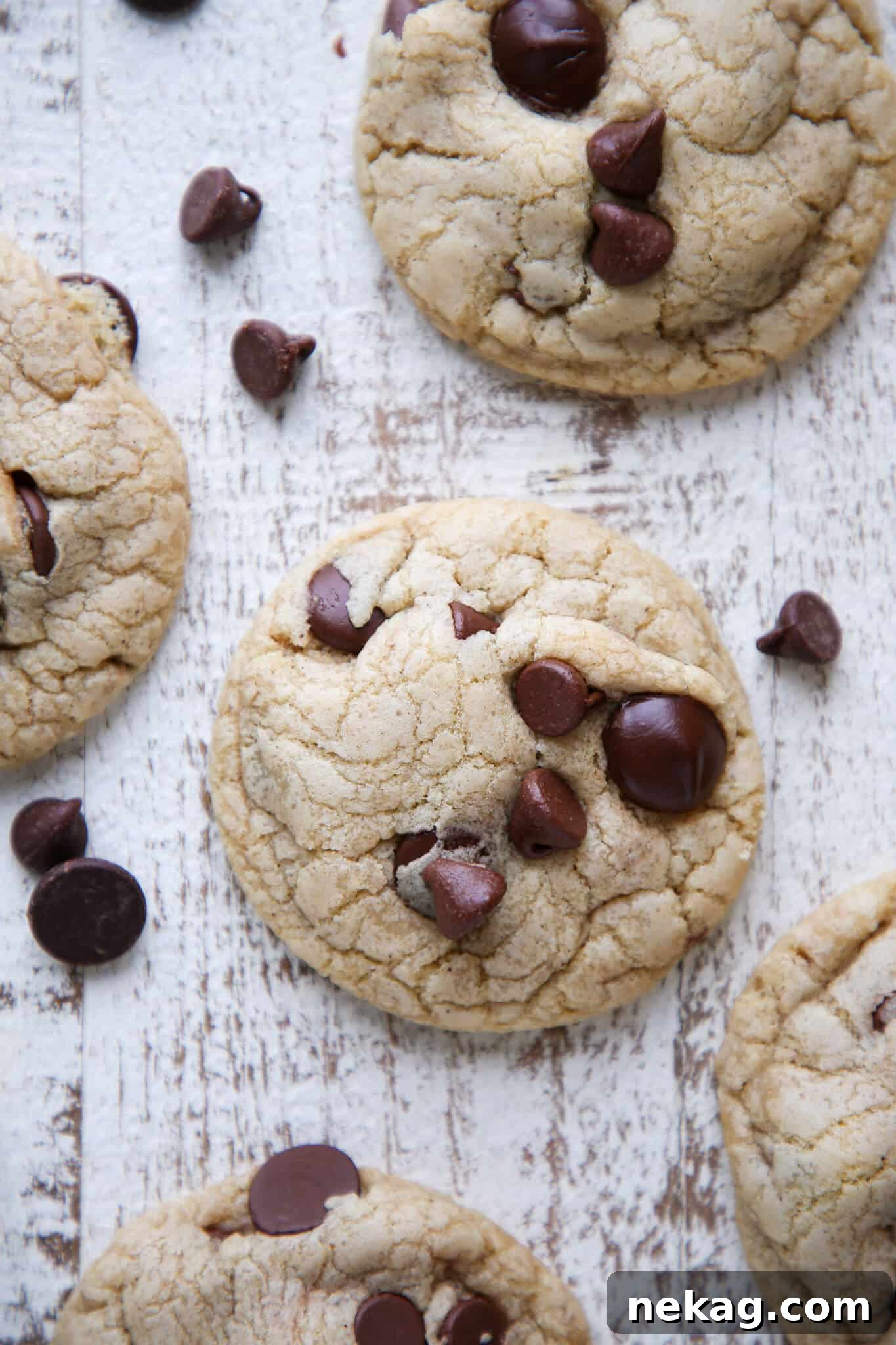 Nutty Brown Butter Chocolate Chip Perfection 2 Brown Butter Cream Cheese Chocolate Chip Cookies on white painted wooden surface.