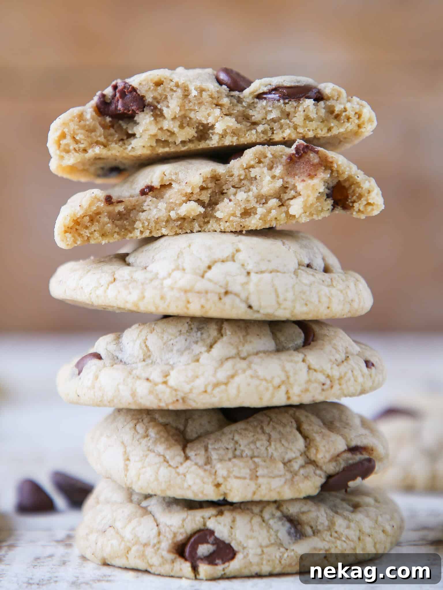 Nutty Brown Butter Chocolate Chip Perfection 3 Brown Butter Cream Cheese Chocolate Chip Cookies tall stack.