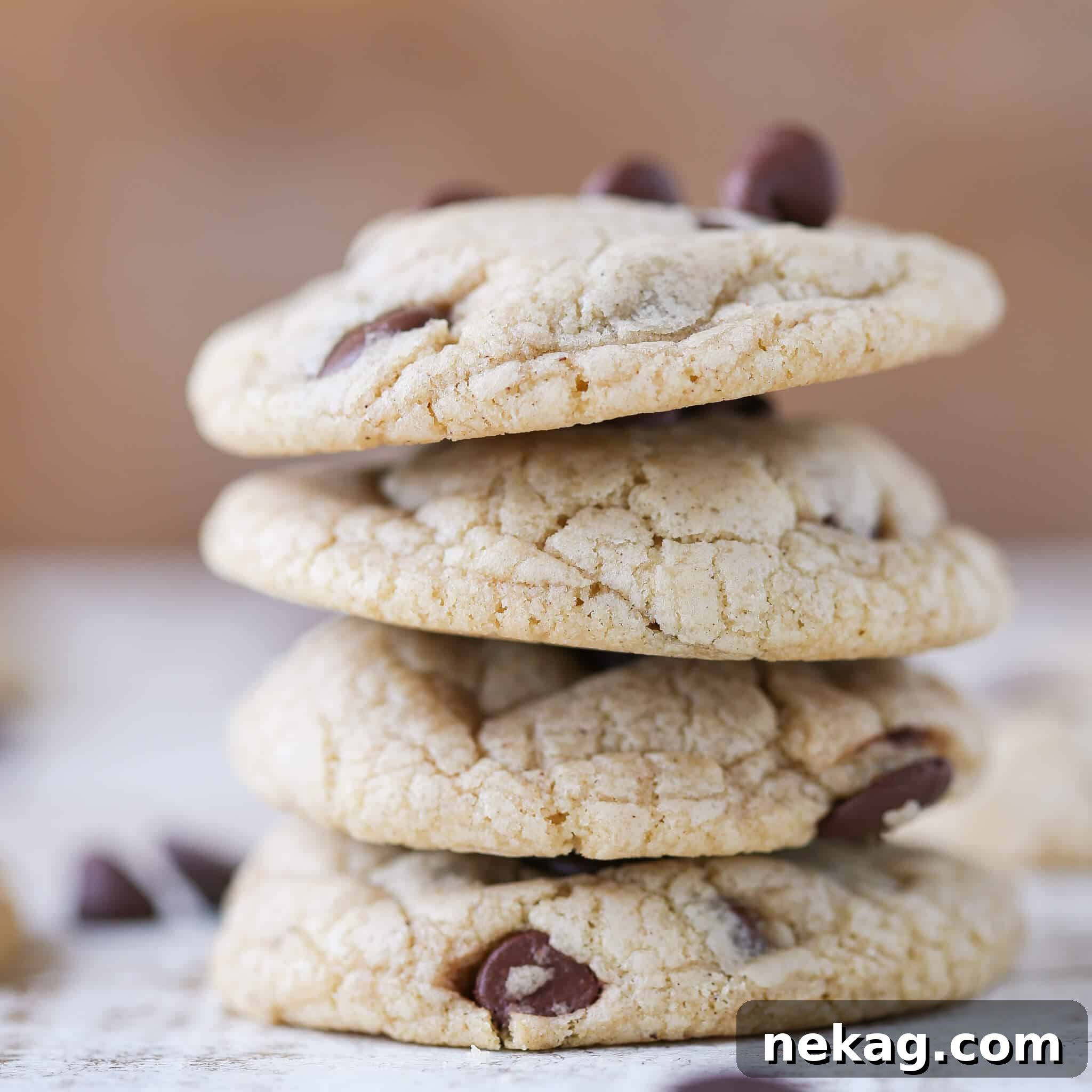 Nutty Brown Butter Chocolate Chip Perfection 4 Brown Butter Cream Cheese Chocolate Chip Cookies stacked.