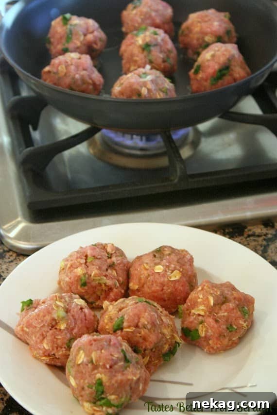 Close-up of a cooked Thai Green Curry Turkey Meatball