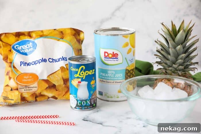 Ingredients to make a pina colada mocktail.