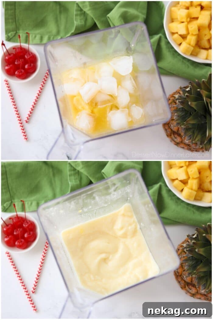 Making a non alcoholic pina colada in a blender.