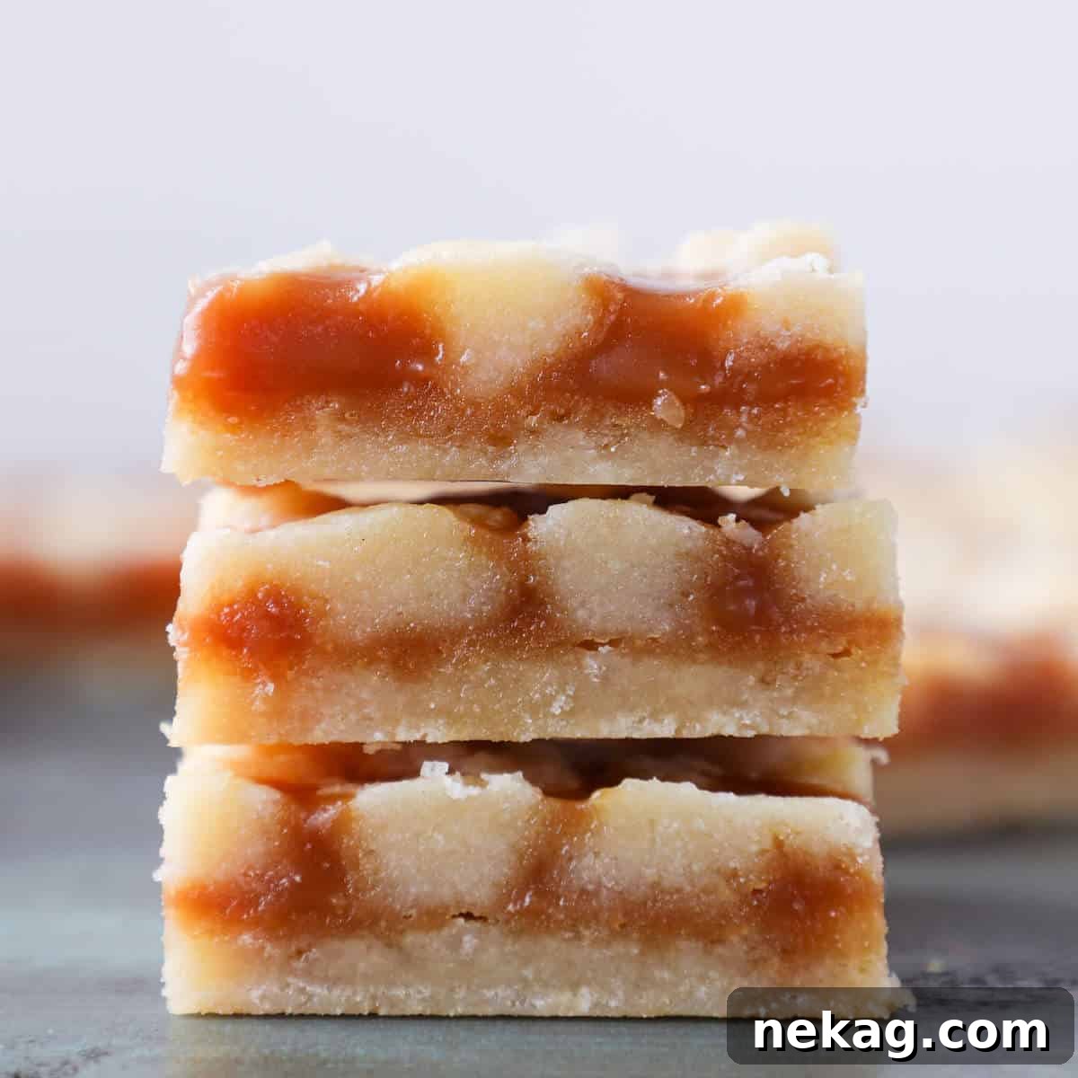 Detail shot of a Salted Caramel Butter Bar, showing the crispy topping and thick caramel layer.