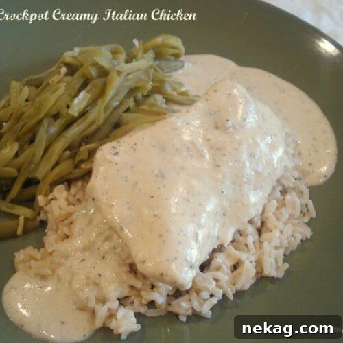 Close-up of Crockpot Creamy Italian Chicken in a bowl, ready to serve.