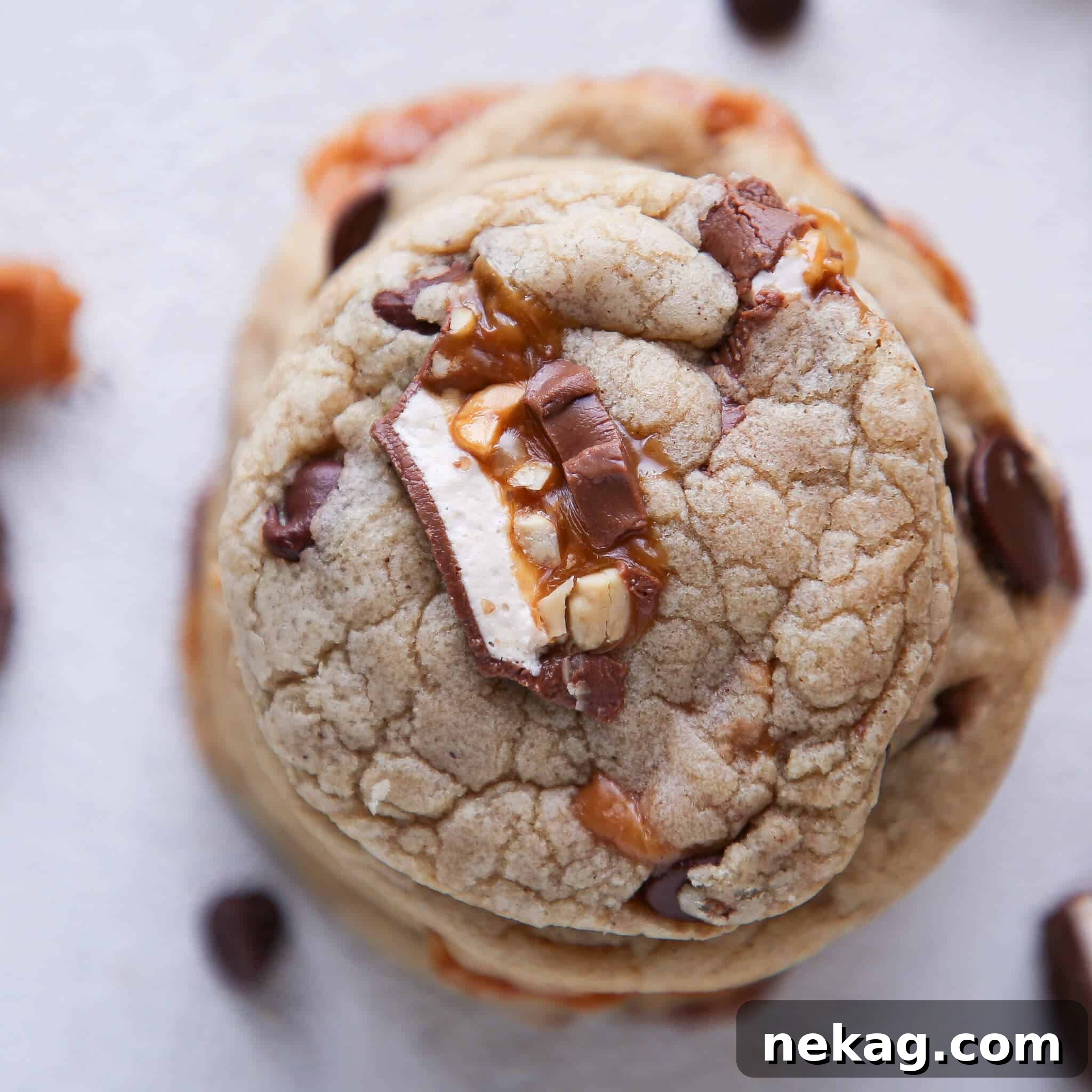 Brown Butter Snickers Caramel Core Chocolate Chip Cookies 4 A stack of three Caramel Stuffed Brown Butter Snickers Chocolate Chip Cookies, highlighting their thick, chewy nature.