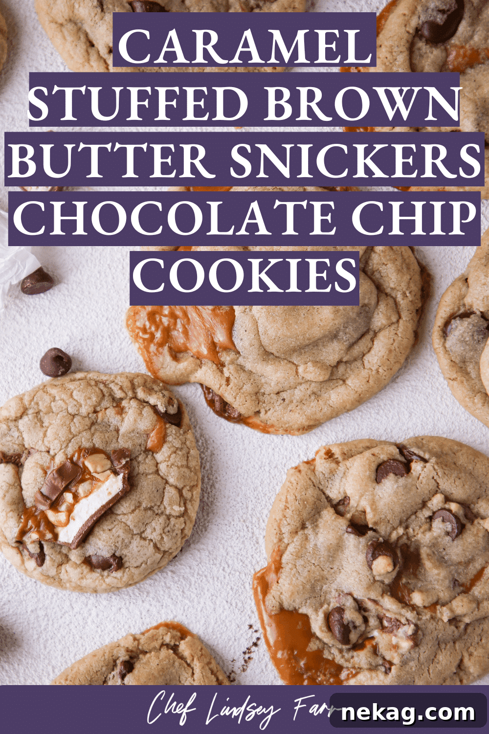 Brown Butter Snickers Caramel Core Chocolate Chip Cookies 7 Brightly lit Caramel Stuffed Brown Butter Snickers Chocolate Chip Cookies, emphasizing their golden color and tempting appearance.
