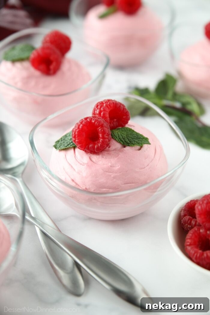 Delicate Raspberry Mousse in a small clear bowl, garnished with fresh raspberries and a sprig of mint.