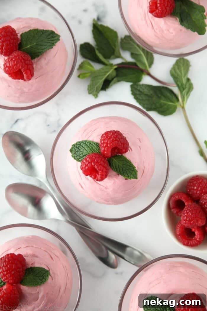 Top-down view of two small clear bowls of Raspberry Mousse, adorned with fresh raspberries and mint leaves.