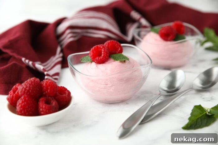 Velvety Raspberry Cloud 5 A close-up of Raspberry Mousse in a small clear bowl, topped with fresh raspberries and a mint sprig.