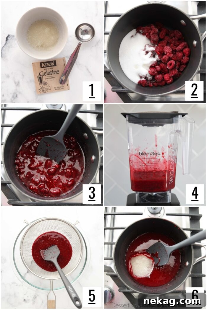 Velvety Raspberry Cloud 6 Step-by-step process images showing how to prepare raspberry puree for the mousse, including blooming gelatin, cooking raspberries, and straining.