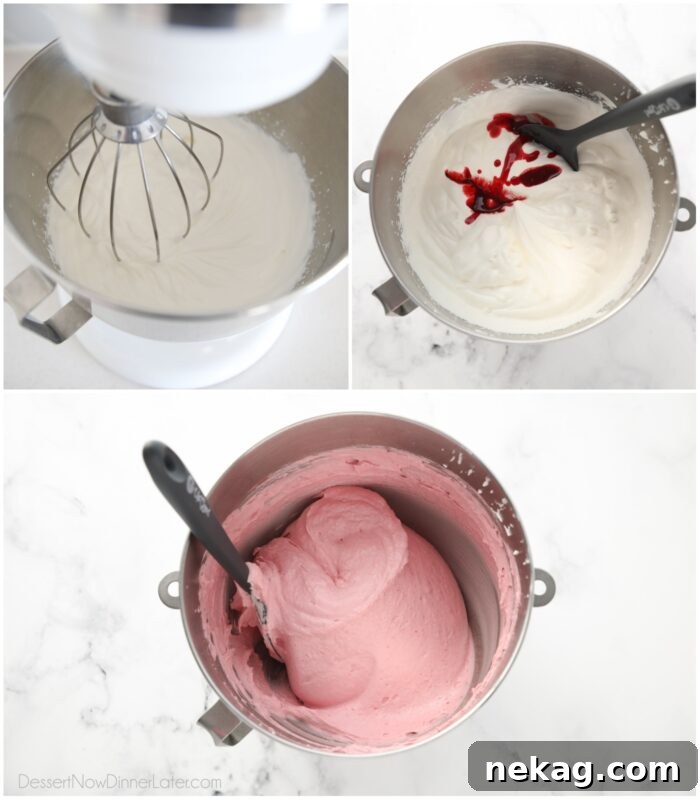 Velvety Raspberry Cloud 7 Steps showing whipped cream, then raspberry puree added, and finally folding the two together for the mousse base.