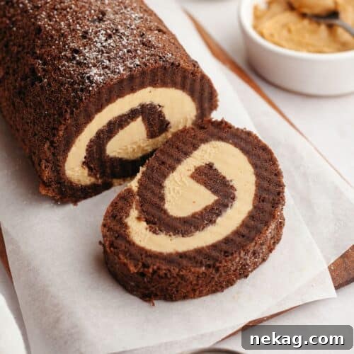 Velvet Chocolate Roulade 8 A slice cut off the end of a chocolate roll cake with peanut butter filling.