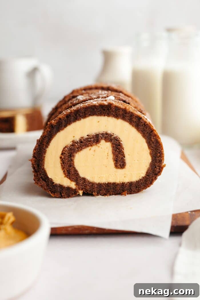 Velvet Chocolate Roulade 4 Side view of a chocolate peanut butter roll showing the swirls of cake and frosting.