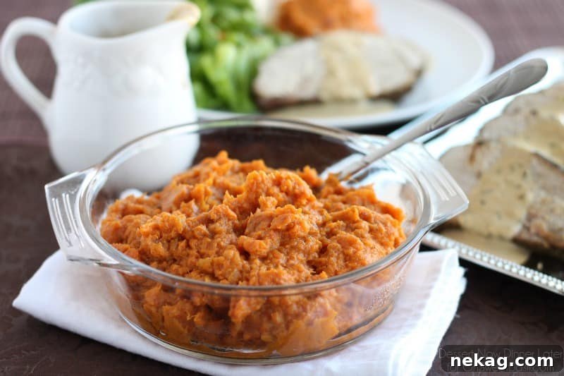 Succulent Pork Roast with Rich Pan Gravy, Sweet Potato and Apple Puree 4 Close-up of fluffy sweet potato and apple mash, a perfect sweet and savory side dish.
