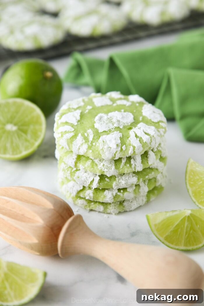 Tangy Lime Crinkle Clouds 2 Stack of lime crinkle cookies with powdered sugar.