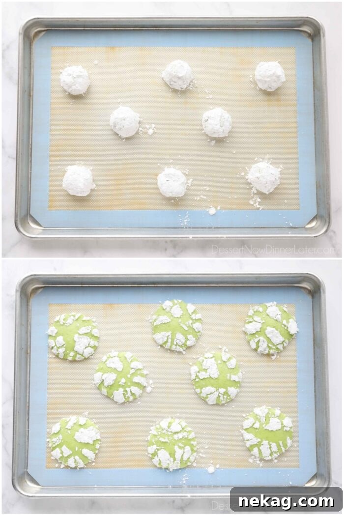 Tangy Lime Crinkle Clouds 7 Before and after baking lime crinkle cookies.