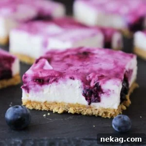 A perfect slice of No Bake Blueberry Cheesecake Bars, showcasing the creamy filling and vibrant blueberry topping.