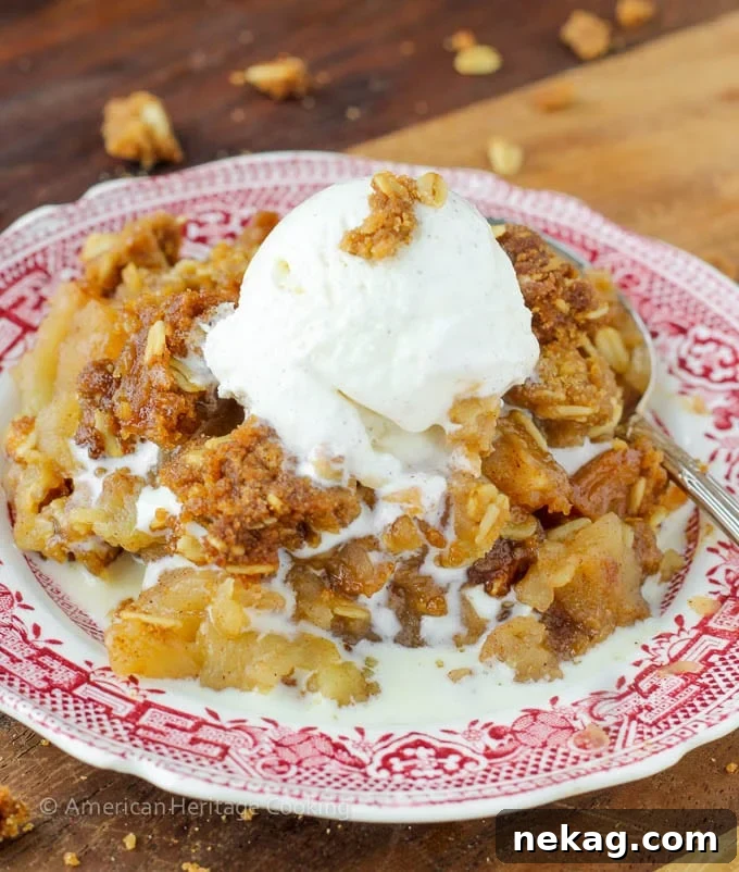 A warm apple crisp, served on a vintage red plate with a scoop of melted vanilla ice cream, promising comforting flavors.