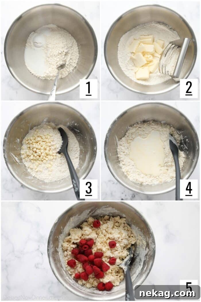 Indulgent White Chocolate Raspberry Scones 5 Steps to make raspberry scones with white chocolate chips.