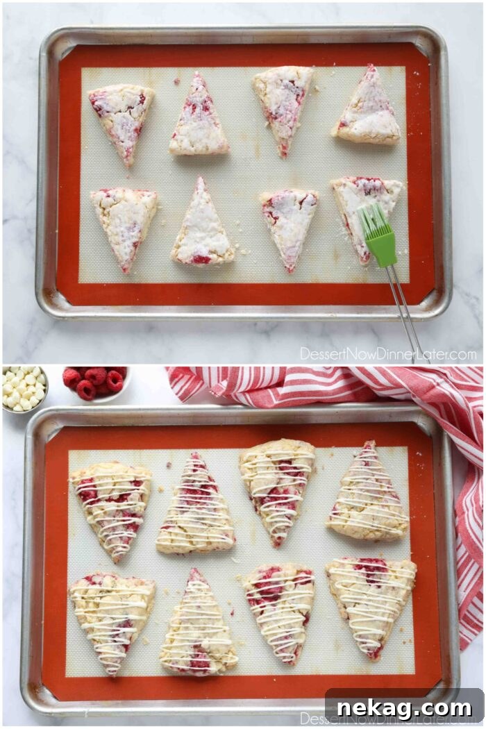 Indulgent White Chocolate Raspberry Scones 7 Two images. Brushing heavy cream on top of the raspberry scones. And baked scones with white chocolate drizzled on top.