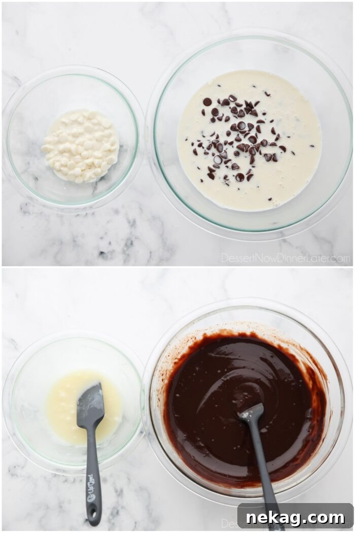 Cream poured over white chocolate chips and semi-sweet chocolate chips in two separate bowls. Then showing results after being stirred separately.