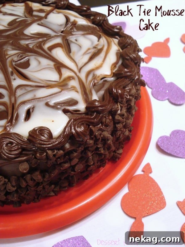 Full Black Tie Mousse Cake on plate.