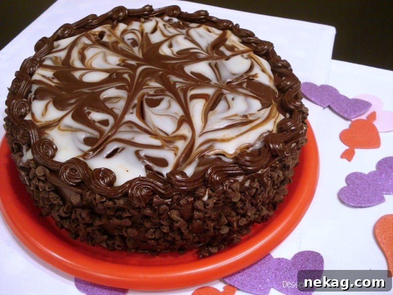 Full Black Tie Mousse Cake on plate.