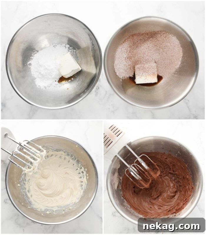 Steps to mix vanilla and chocolate cream cheese in two separate bowls.