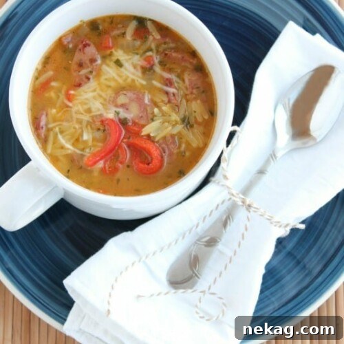 Roasted Red Pepper Chicken & Apple Sausage Orzo Soup