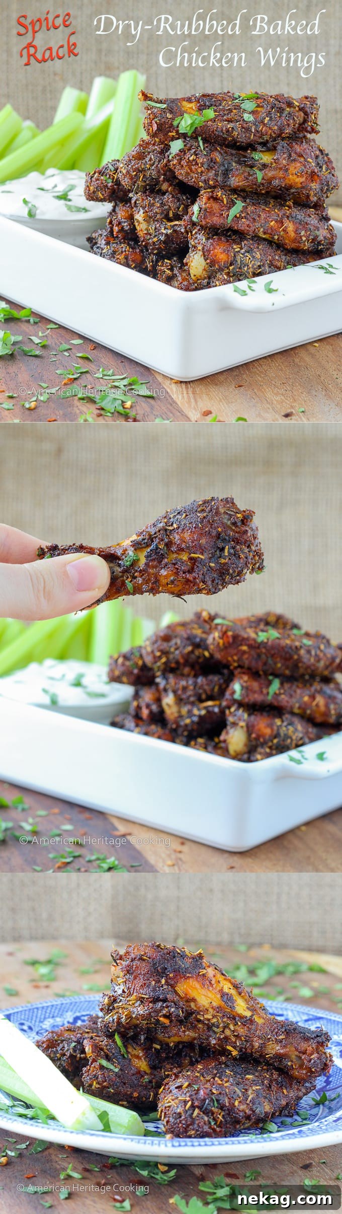 Signature Spiced Oven Baked Wings 7 Spice Rack Dry Rubbed Baked Chicken Wings - Side view of a single cooked wing