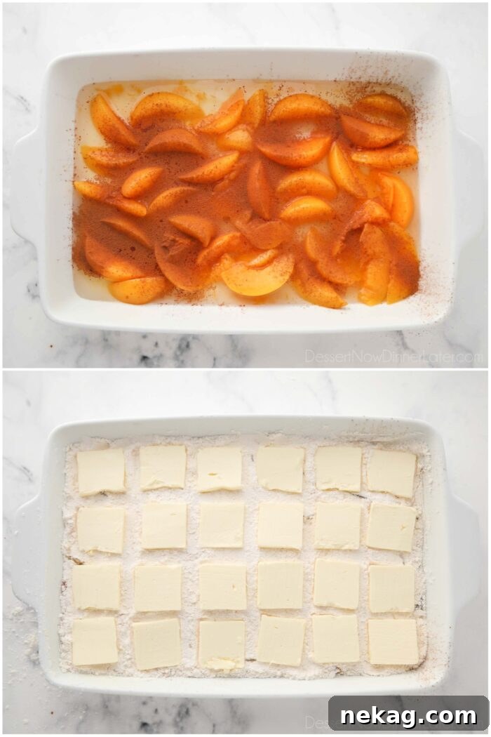 Steps to make peach dump cake (aka peach cobbler with cake mix).