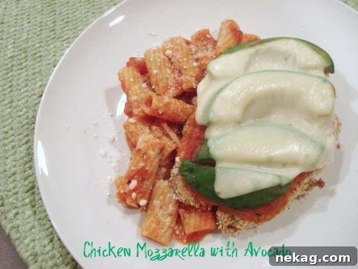 Chicken with Melted Mozzarella and Fresh Avocado 2 Golden-brown crispy Chicken Mozzarella topped with fresh avocado slices and melted cheese