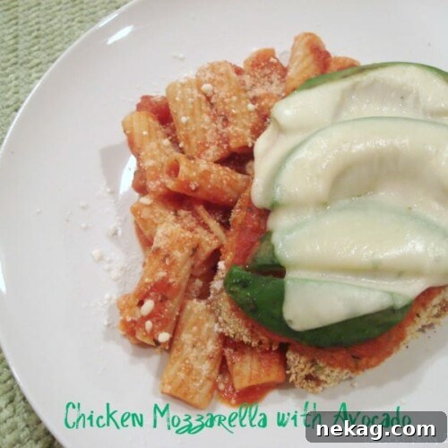 Fully prepared Chicken Mozzarella with Avocado, garnished and ready to serve