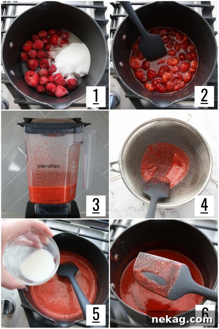 Velvet Heart Cheesecake 4 Step-by-step images showing the process of making smooth strawberry puree.
