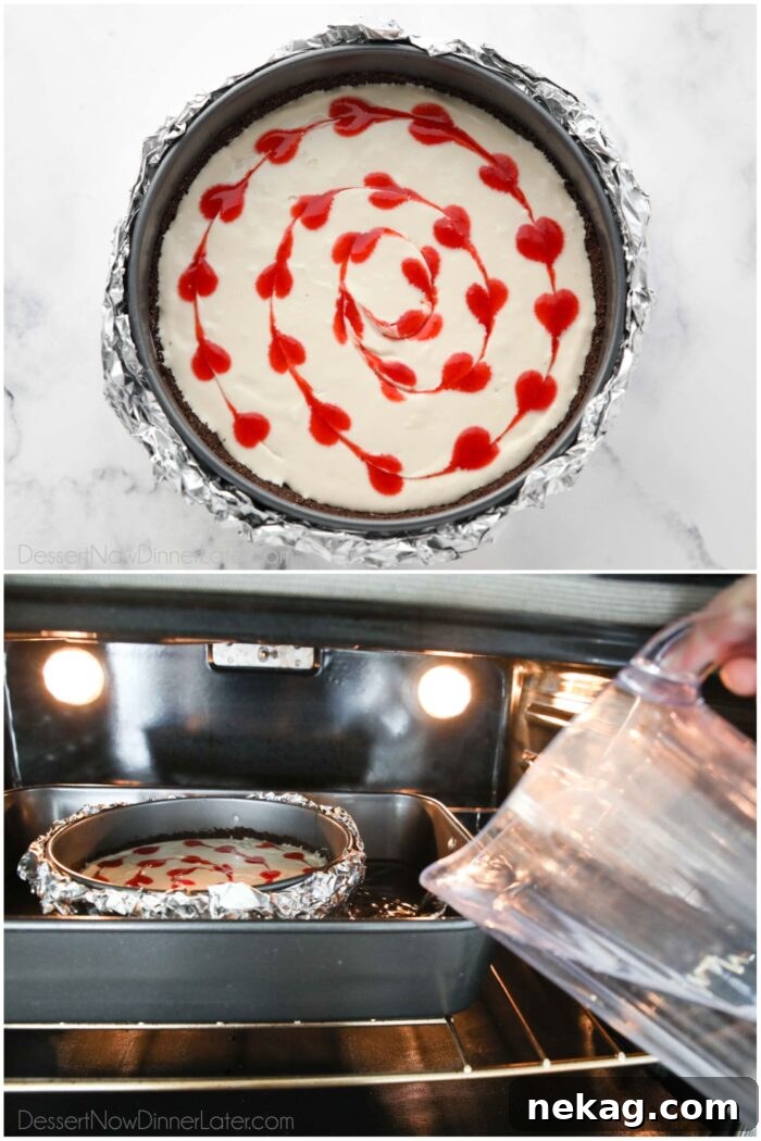 Velvet Heart Cheesecake 7 The assembled cheesecake placed in a larger roasting pan with hot water being added for a water bath, ready to bake in the oven.