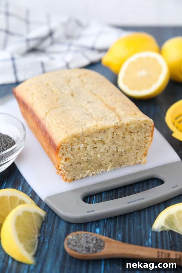 Zesty Lemon Poppy Seed Loaf 4 Close-up of a slice of Lemon Poppy Seed Bread, showing its moist texture.