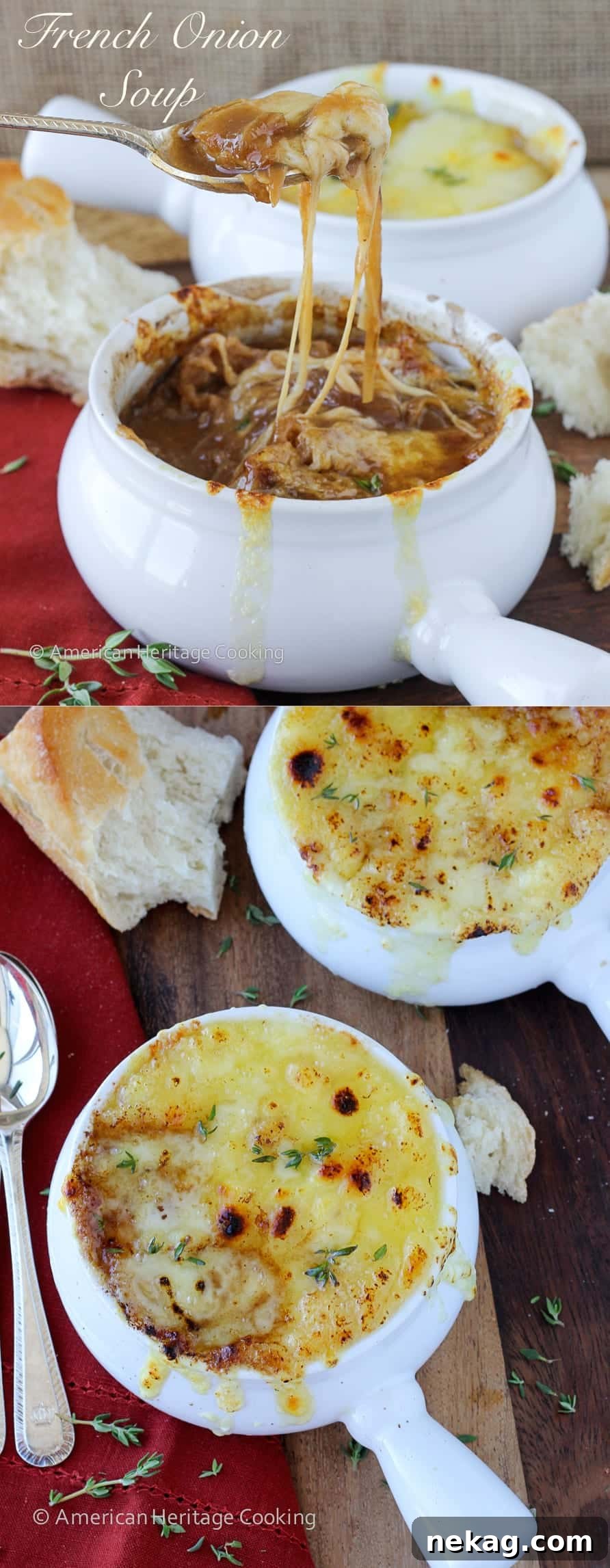 Quintessential French Onion Soup 13 Homemade French onion soup in white bowls with melted cheese on top and little brown bubbling cheese spots.