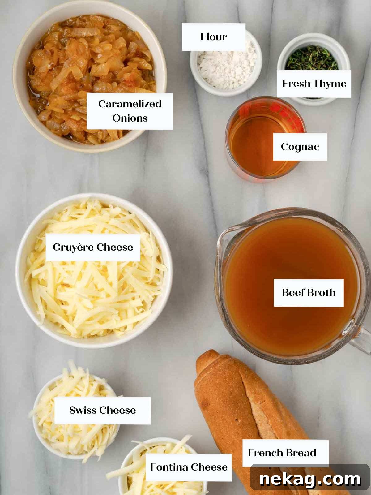 Quintessential French Onion Soup 4 ingredients needed for soup, neatly arranged on a counter.