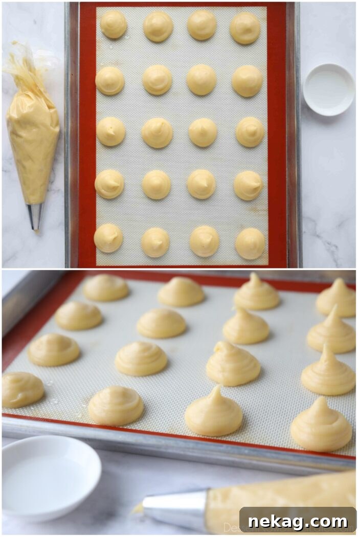 Holiday Eggnog Cream Puffs 6 Piping choux pastry onto a sheet tray lined with a silicone baking mat to form cream puffs or profiteroles.