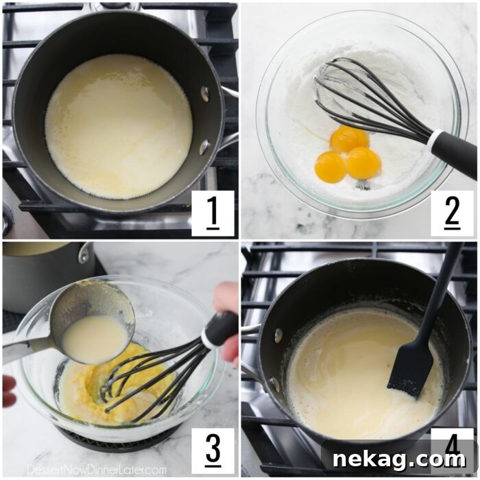 Holiday Eggnog Cream Puffs 8 A series of images demonstrating the process of making eggnog pastry cream, from heating liquids to whisking ingredients.