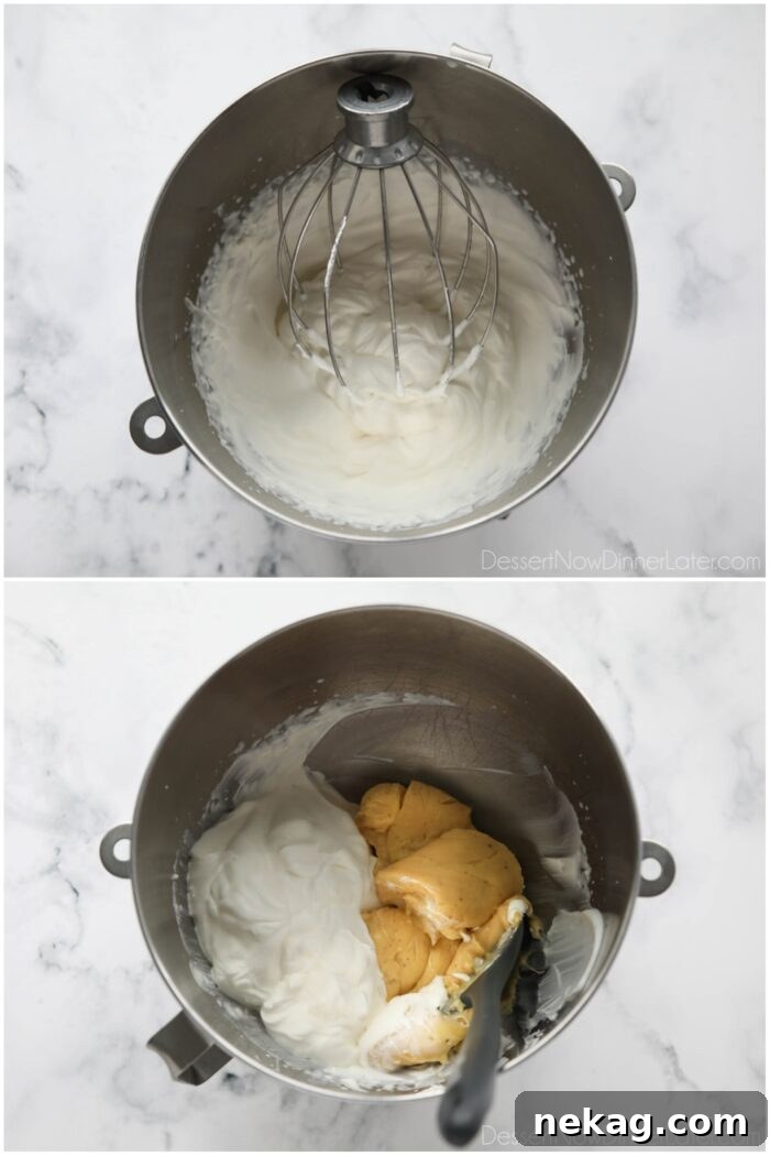 Holiday Eggnog Cream Puffs 10 Process of whipping heavy cream and then gently folding it into the prepared eggnog pastry cream.