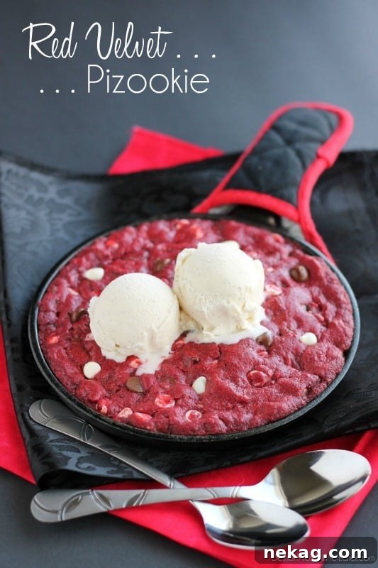Decadent Red Velvet Skillet Cookie 2 Red Velvet Pizookie, warm and gooey, topped with vanilla bean ice cream