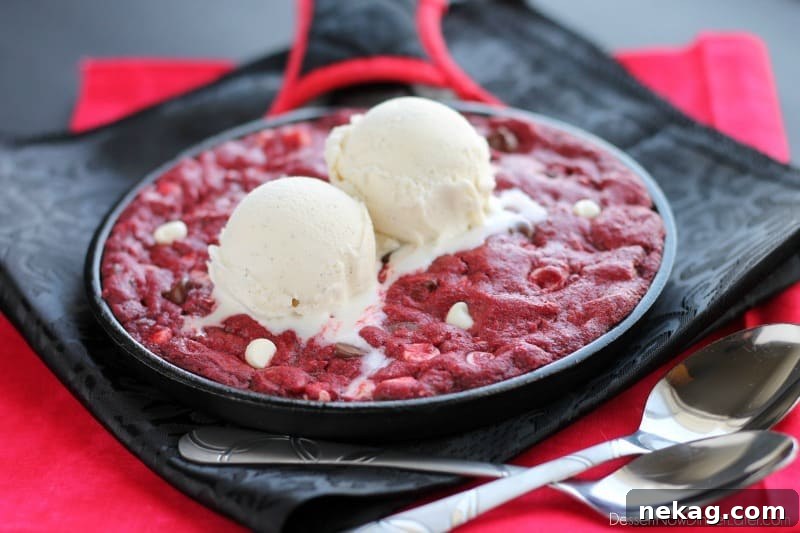 Decadent Red Velvet Skillet Cookie 3 Red Velvet Pizookie being scooped with ice cream, showcasing its gooey texture