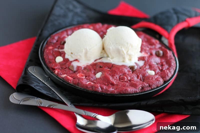 Decadent Red Velvet Skillet Cookie 5 Close up of a warm Red Velvet Pizookie with melting ice cream and chocolate chips
