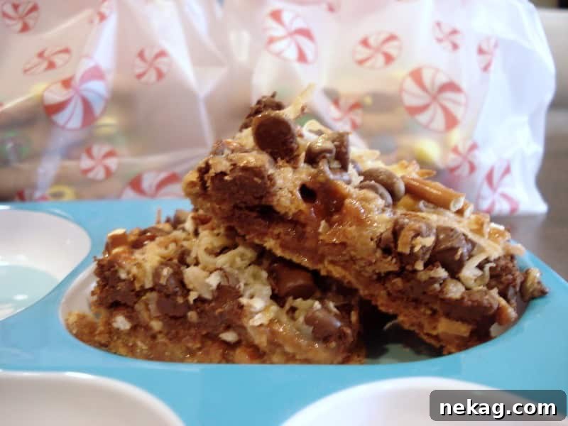Caramel Pretzel Dream Bars 3 Close-up of baked Caramel Pretzel Magic Bars showing distinct layers
