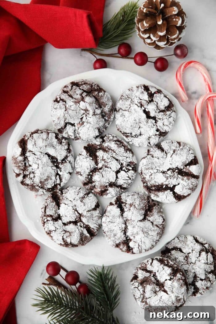 Cool Mint Chocolate Crinkle Cookies 3 Plate of chocolate peppermint crinkle cookies made with cake mix.